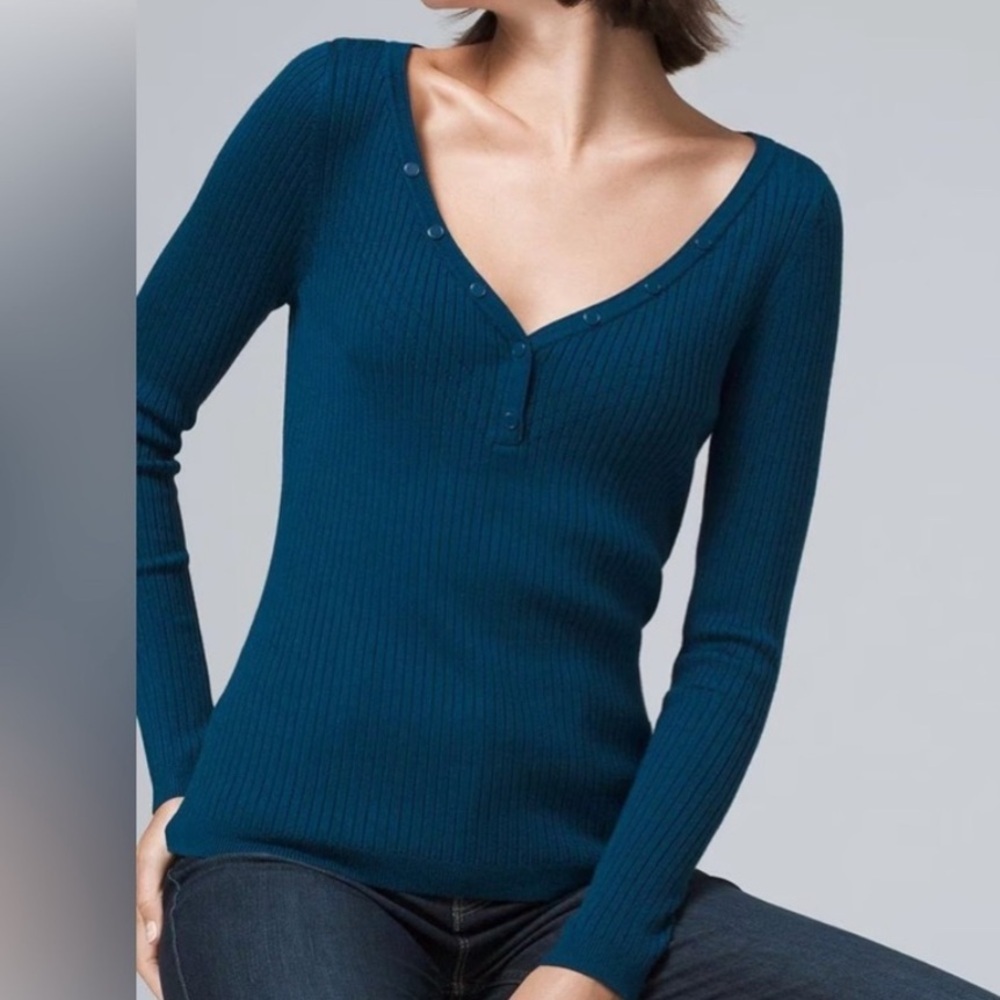 EUC White House Black Market Teal Blue Ribbed Henley Snaps Top SZ XL